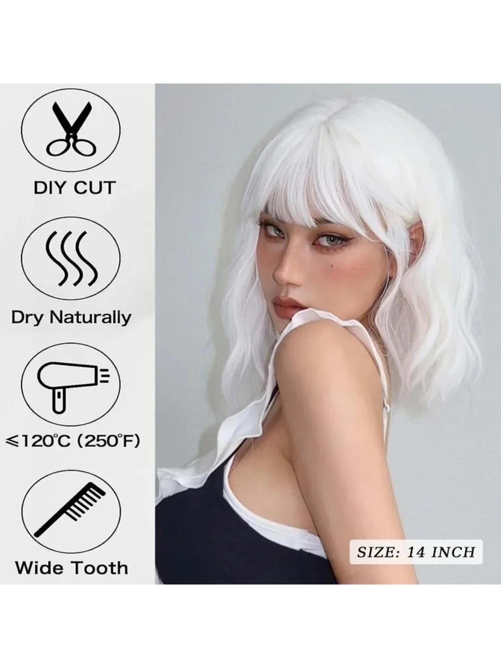 Women's White 14 Inch Heat Resistant Short Bangs Bob Modern Wavy Wigs